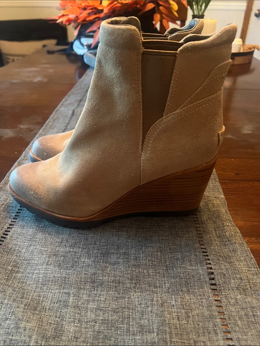 Sorel Beige Suede Wedge Ankle Boots